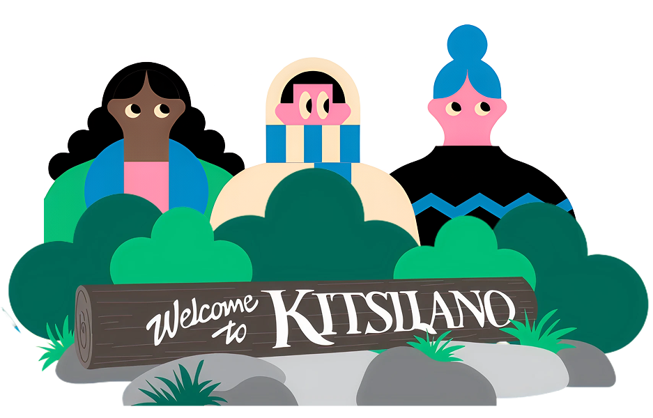 Graphic of 3 people behind a log that says "Welcome to Kitsilano"